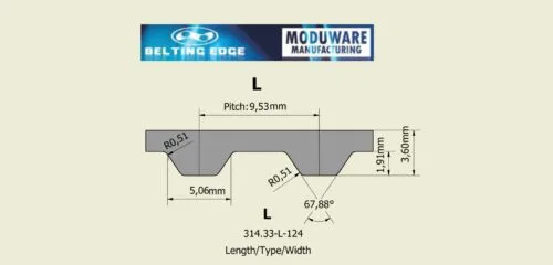 L-section, PAZ Tooth Timing belt, Kevlar Cords, PU Material, Technical Drawing